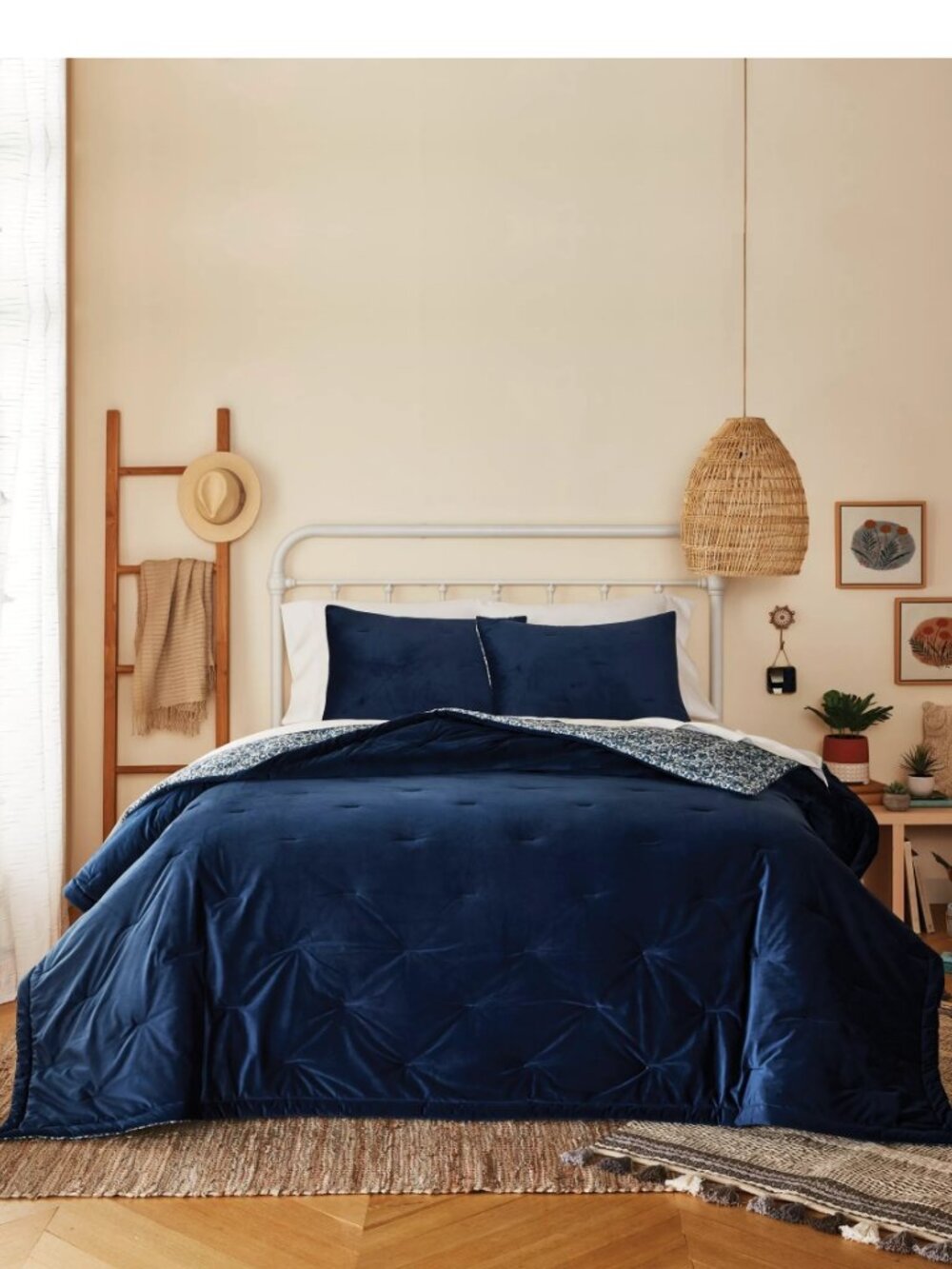 3-pc DENIM BLUE Wild Sage Velvet Floral Reversible FULL QUEEN Quilt Set NOT Navy